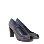 Women's EYE Peep Toe Snake Print Leather High Heel Shoes F 77 - Navy Blue
