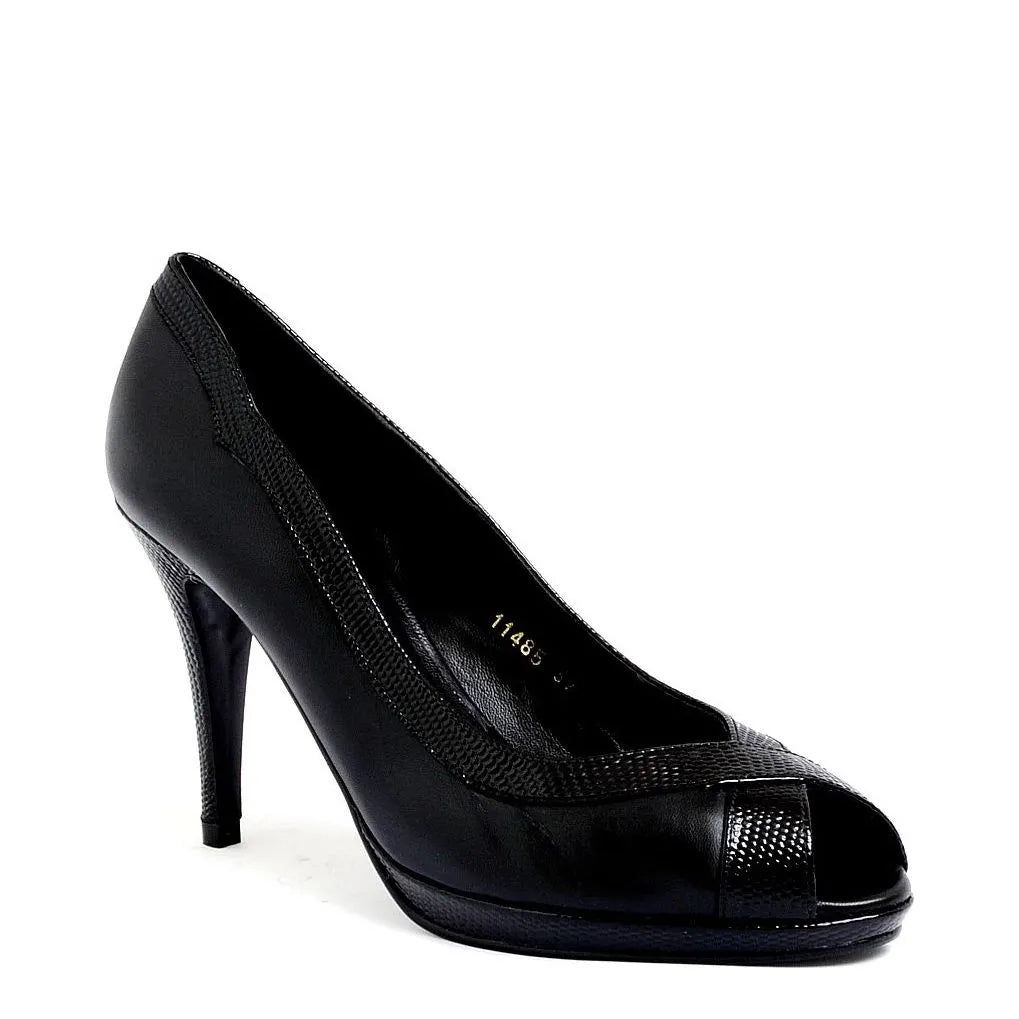 Women's EYE Peep-Toe Leather High Heel Court Shoes F 112 - Black