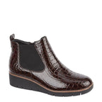 Women's Jo & Joe Walnut Twin Gusset Croc Wedge Heel Ankle Boots - Dark Brown