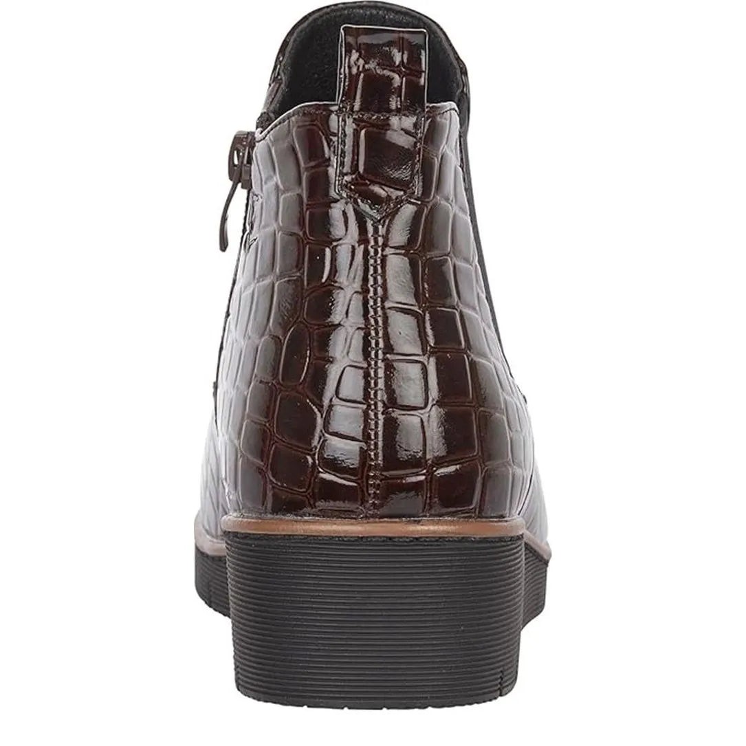 Women's Jo & Joe Walnut Twin Gusset Croc Wedge Heel Ankle Boots - Dark Brown