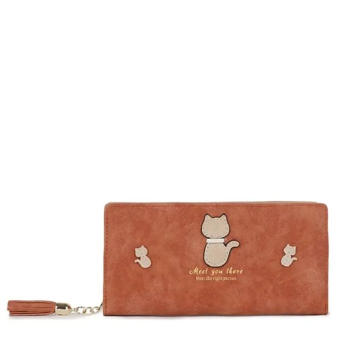 Women's Long & Son Cute Cat Long Credit Card and Purse Wallet with Tassel 12295-C - Brown