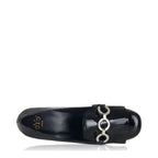 Women's EYE Fringe Trim Block Heel Leather Loafer Shoes G 91 - Black Patent