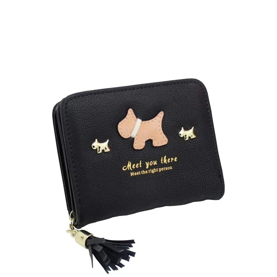 Women's Long & Son Cute Dog Small Credit Card and Purse Wallet with Tassel 12294 - Black