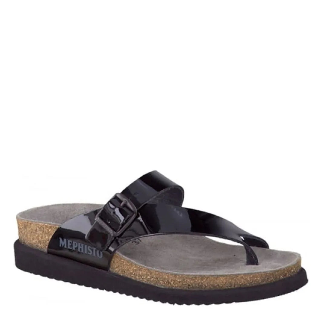Women's Mephisto Helen Toe Post Leather Sandals - Black Patent
