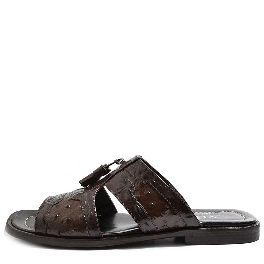 Men's VITELO Ostrich Print Toe Loop Leather Mule Sandals 214-3 - Brown