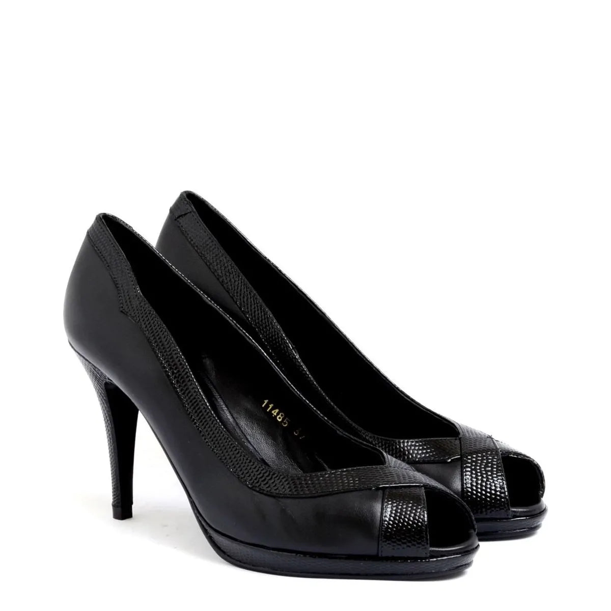 Women's EYE Peep-Toe Leather High Heel Court Shoes F 112 - Black