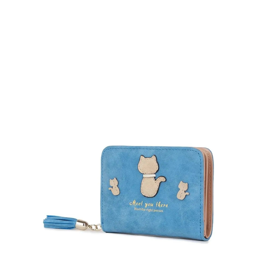 Women's Long & Son Cute Cat Small Credit Card and Purse Wallet with Tassel 12294-C - Baby Blue