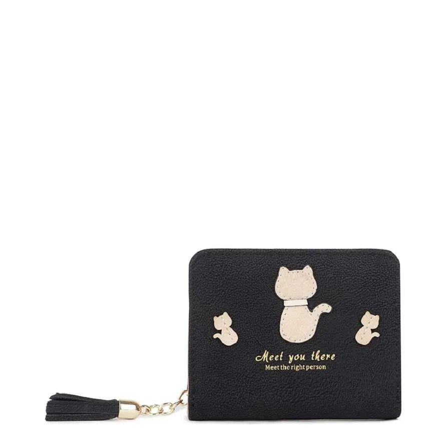 Women's Long & Son Cute Cat Small Credit Card and Purse Wallet with Tassel 12294-C - Black