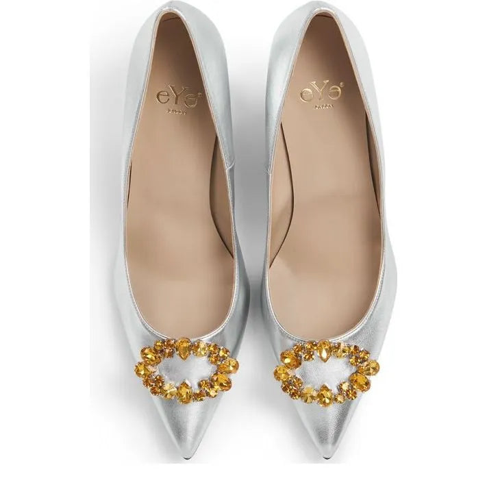 Women's Eye Crystal Trim Pointed Toe Leather Court Shoes G 132 - Silver