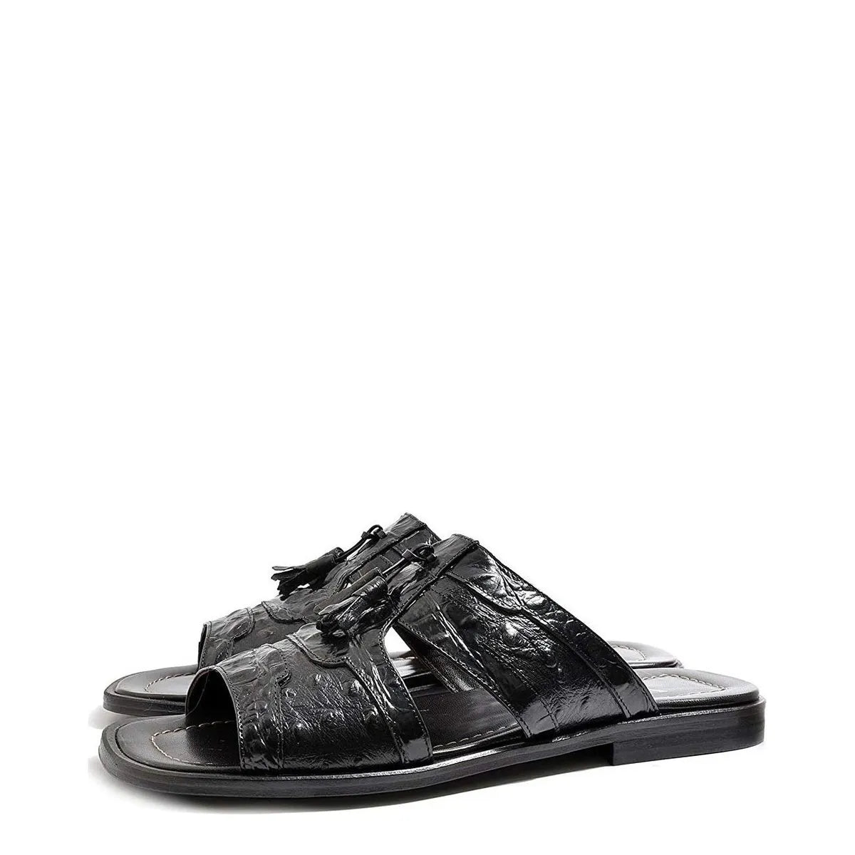 Men's VITELO Ostrich Print Toe Loop Leather Mule Sandals 214-3 - Black