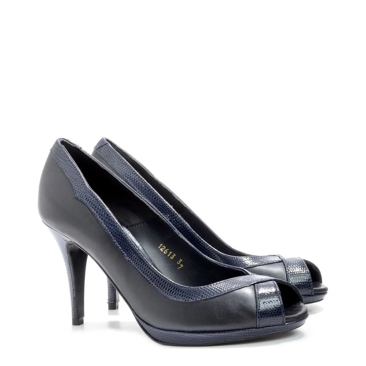 Women's EYE Peep-Toe Leather High Heel Court Shoes F 112 - Navy