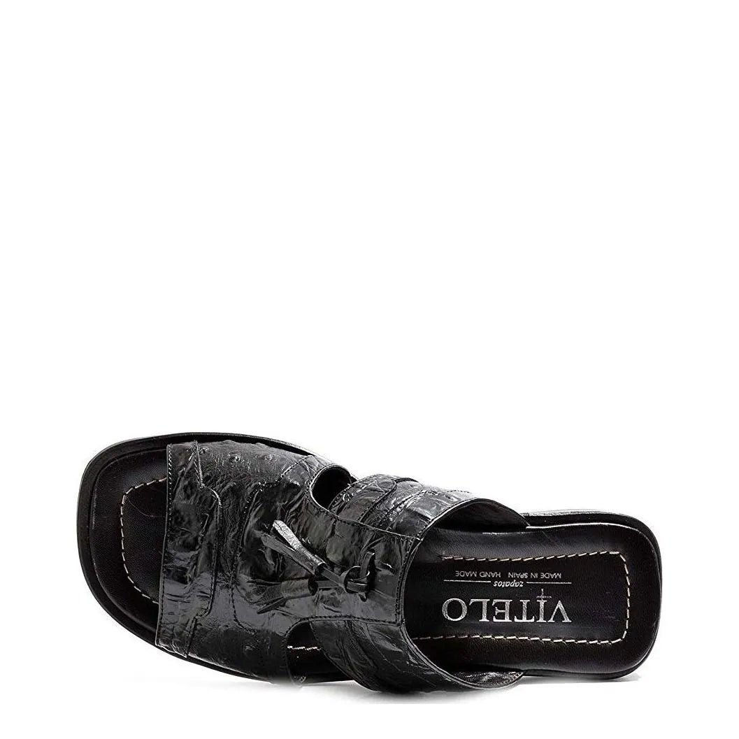 Men's VITELO Ostrich Print Toe Loop Leather Mule Sandals 214-3 - Black