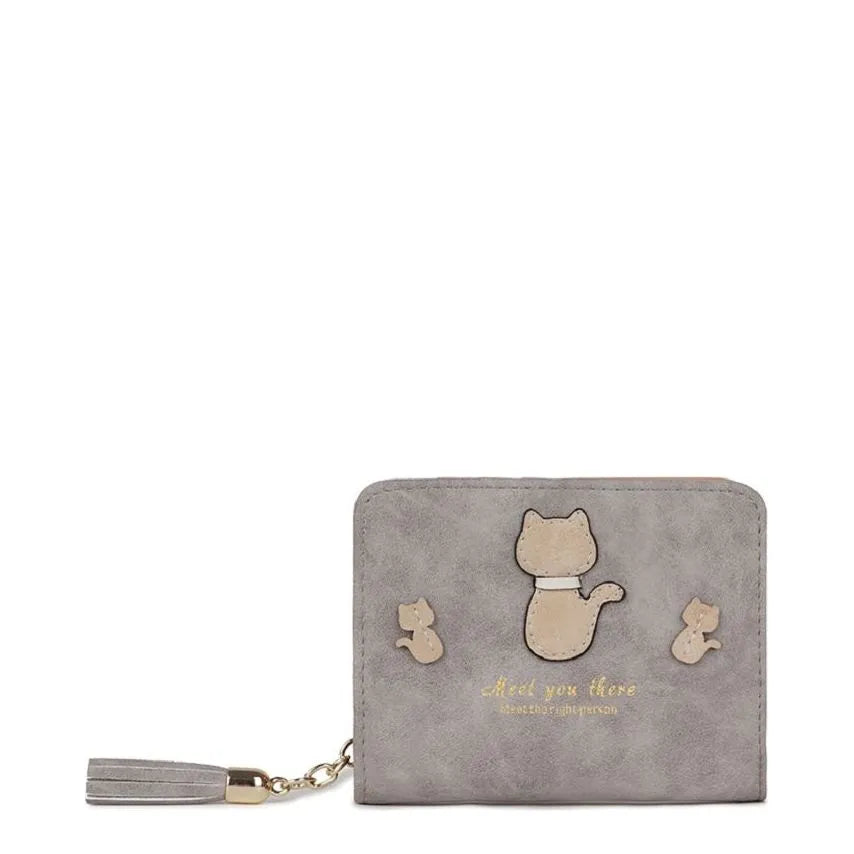 Women's Long & Son Cute Cat Small Credit Card and Purse Wallet with Tassel 12294-C - Light Grey