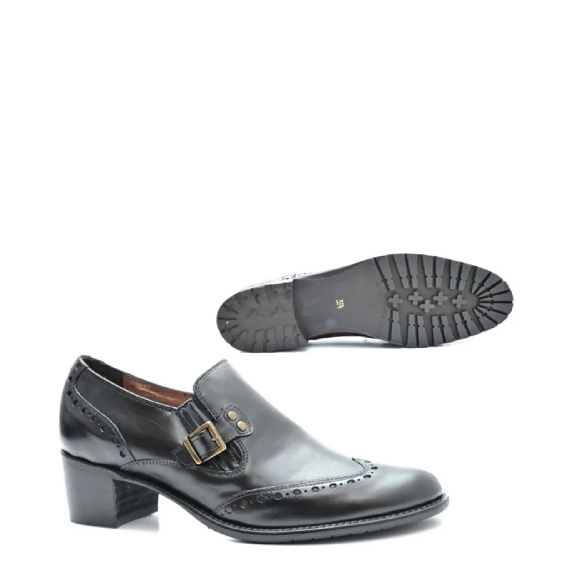 Women's VITELO Brogue & Buckle Leather Loafer Shoes F 67 - Black