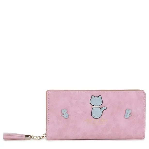 Women's Long & Son Cute Cat Long Credit Card and Purse Wallet with Tassel 12295-C - Pink