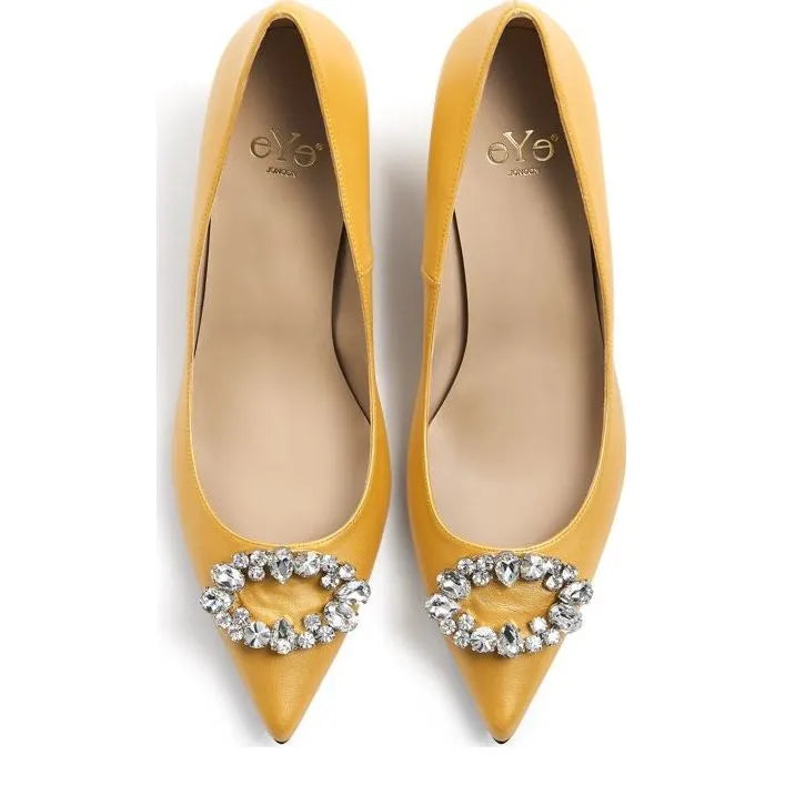 Women's Eye Crystal Trim Pointed Toe Leather Court Shoes G 132 - Metallic Yellow