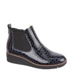 Women's Jo & Joe Walnut Twin Gusset Croc Wedge Heel Ankle Boots - Navy