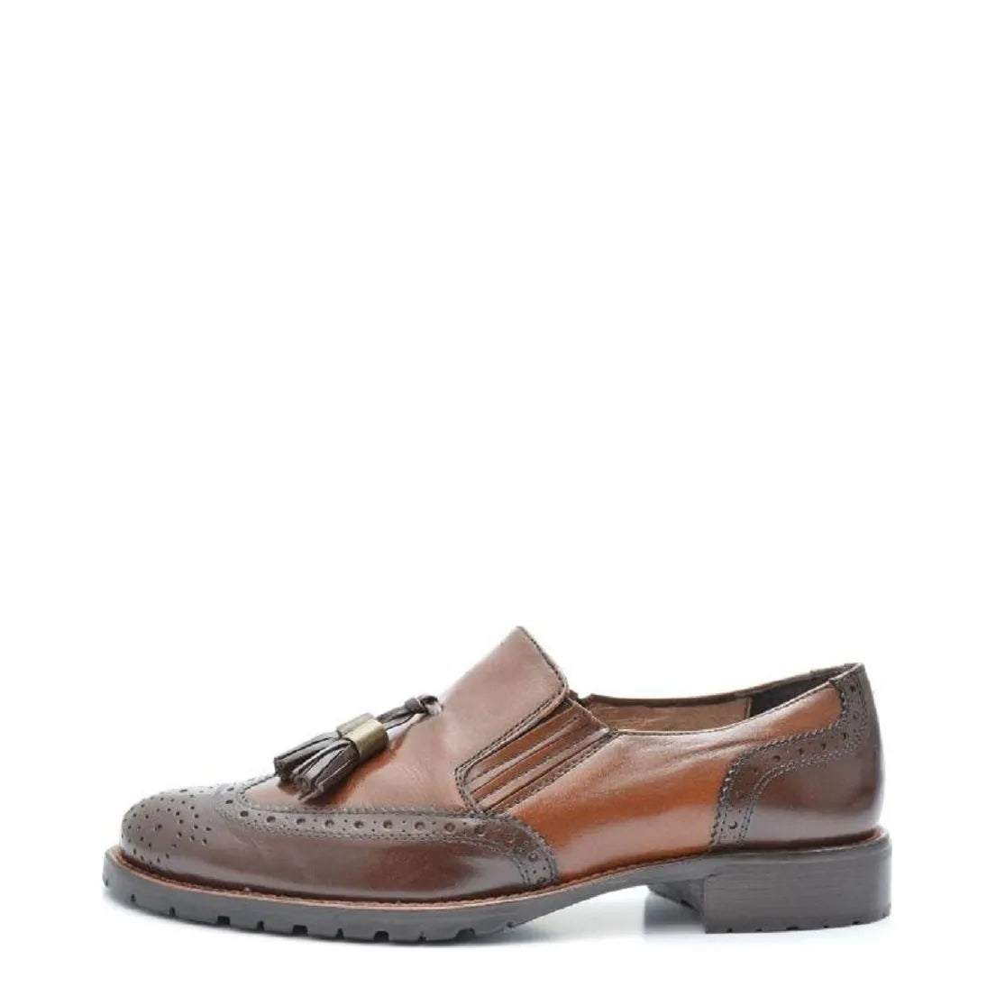 Women's VITELO Brogue & Tassel Leather Loafer Shoes F 68 - Brown