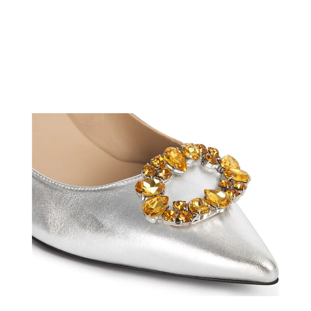 Women's Eye Crystal Trim Pointed Toe Leather Court Shoes G 132 - Silver