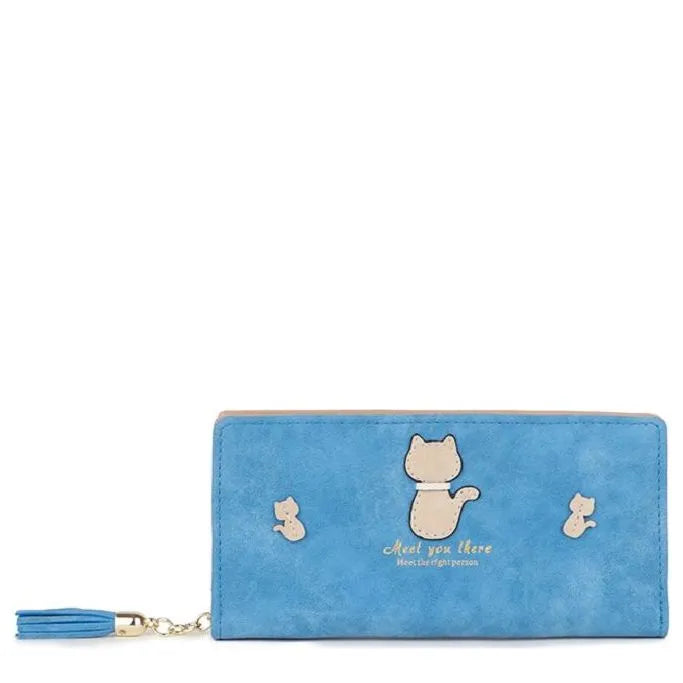 Women's Long & Son Cute Cat Long Credit Card and Purse Wallet with Tassel 12295-C - Baby Blue
