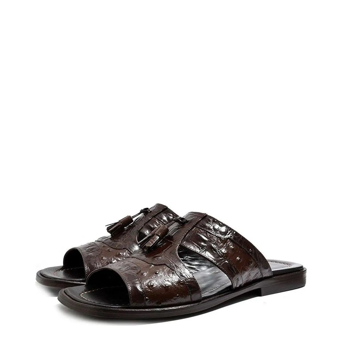 Men's VITELO Ostrich Print Toe Loop Leather Mule Sandals 214-3 - Brown