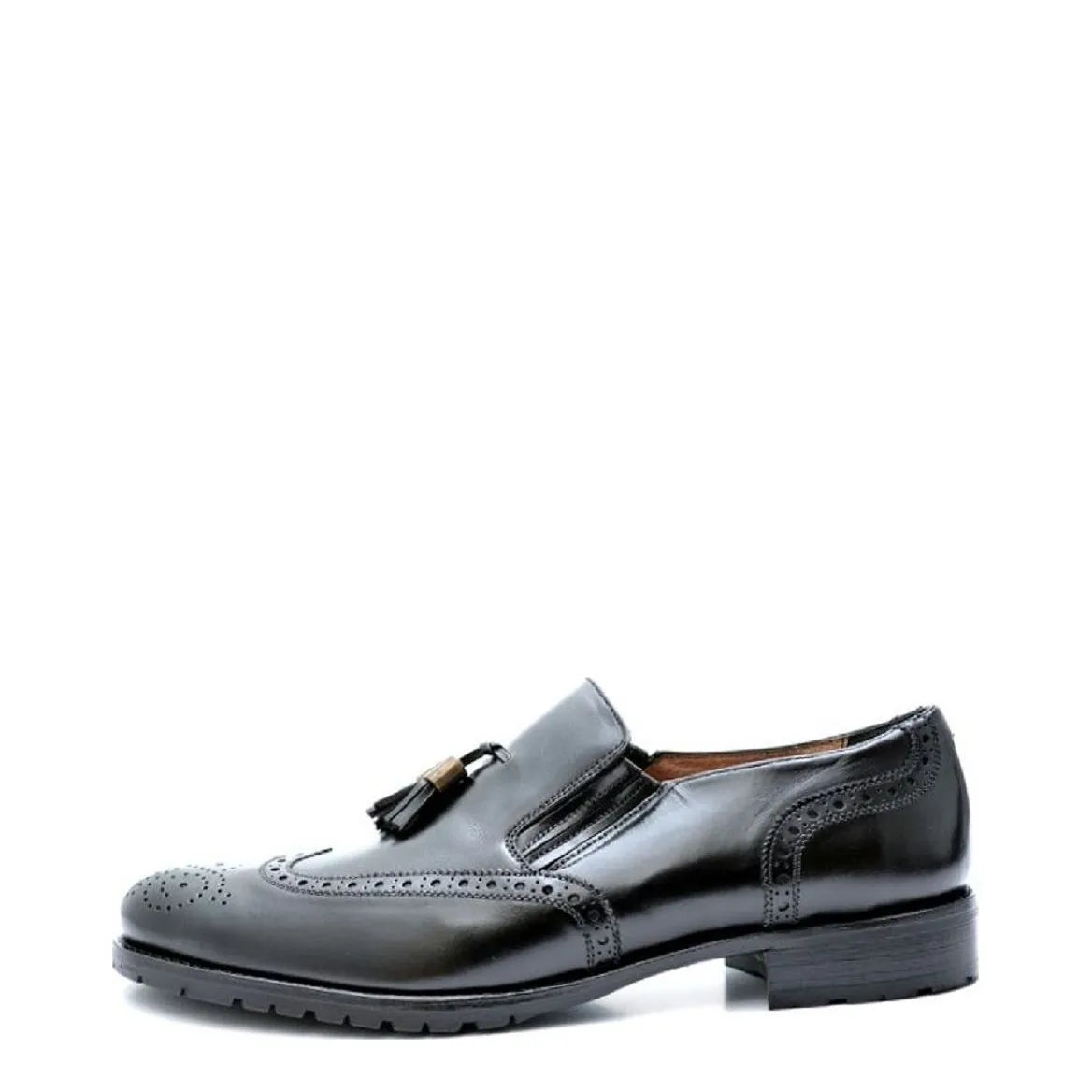 Women's VITELO Brogue & Tassel Leather Loafer Shoes F 68 - Black