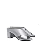 Women's EYE Cross Over Block Heel Leather Mule Sandals L 47 - Silver