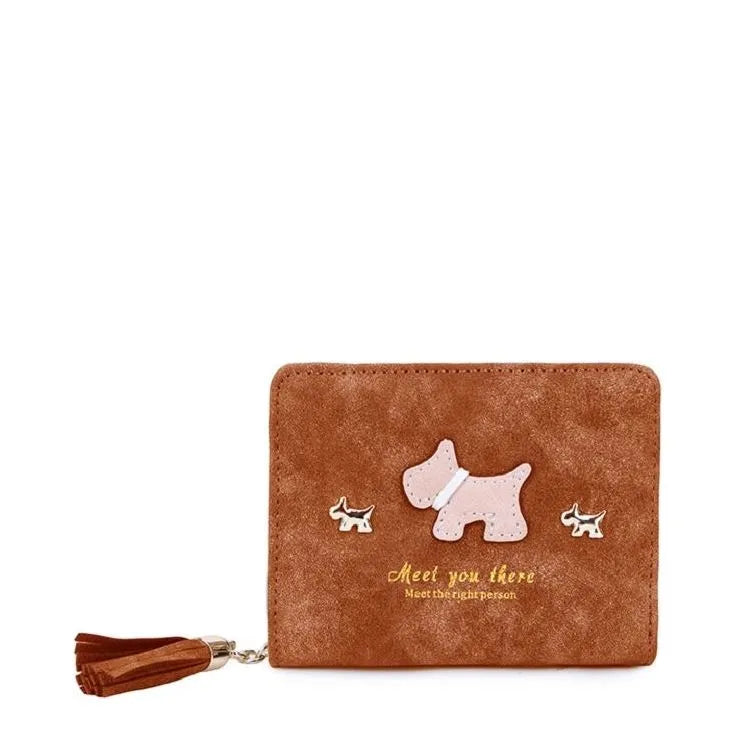 Women's Long & Son Cute Dog Small Credit Card and Purse Wallet with Tassel 12294 - Brown