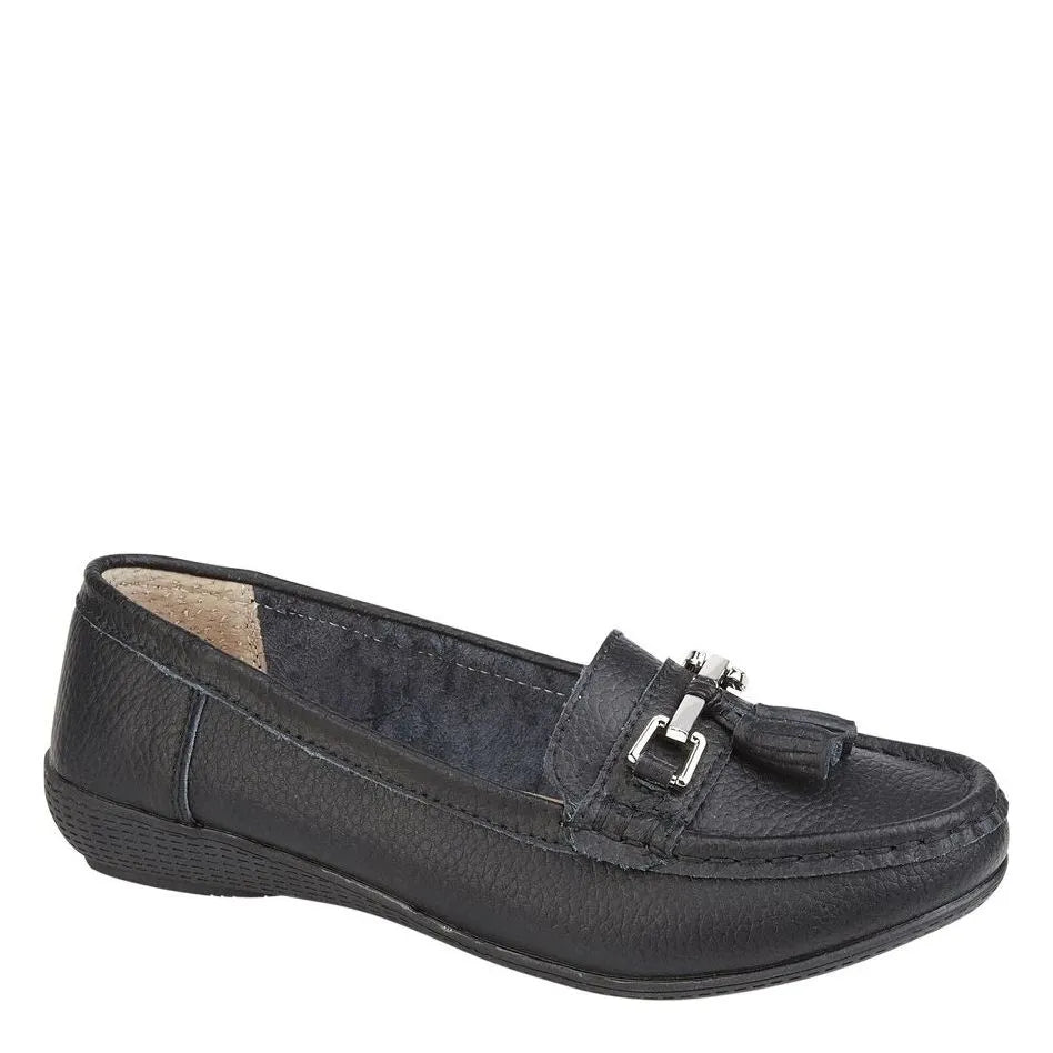 Women's Jo & Joe Nautical Leather Tassel Loafer Shoes - Black