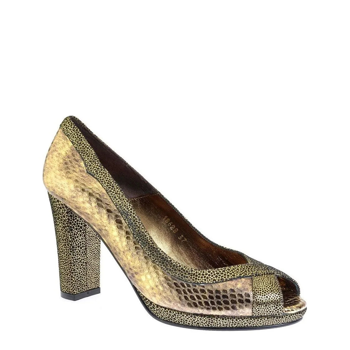 Women's EYE Peep Toe Snake Print Leather High Heel Shoes F 77 - Gold