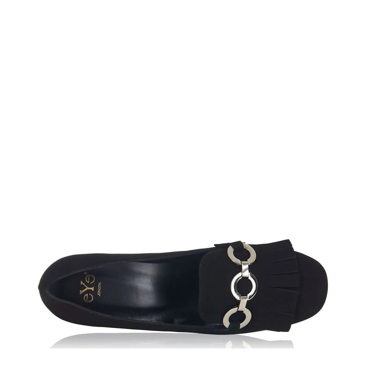 Women's EYE Fringe Trim Block Heel Leather Loafer Shoes G 91 - Black Suede