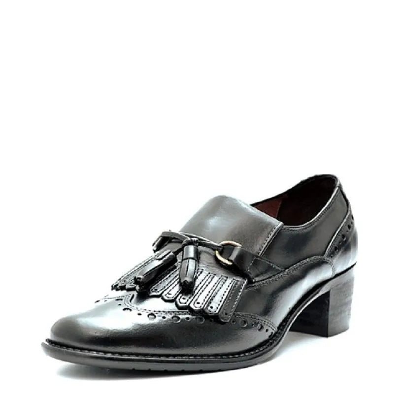 Women's VITELO Tassel & Brogue Leather Loafer Shoes F 66 - Black