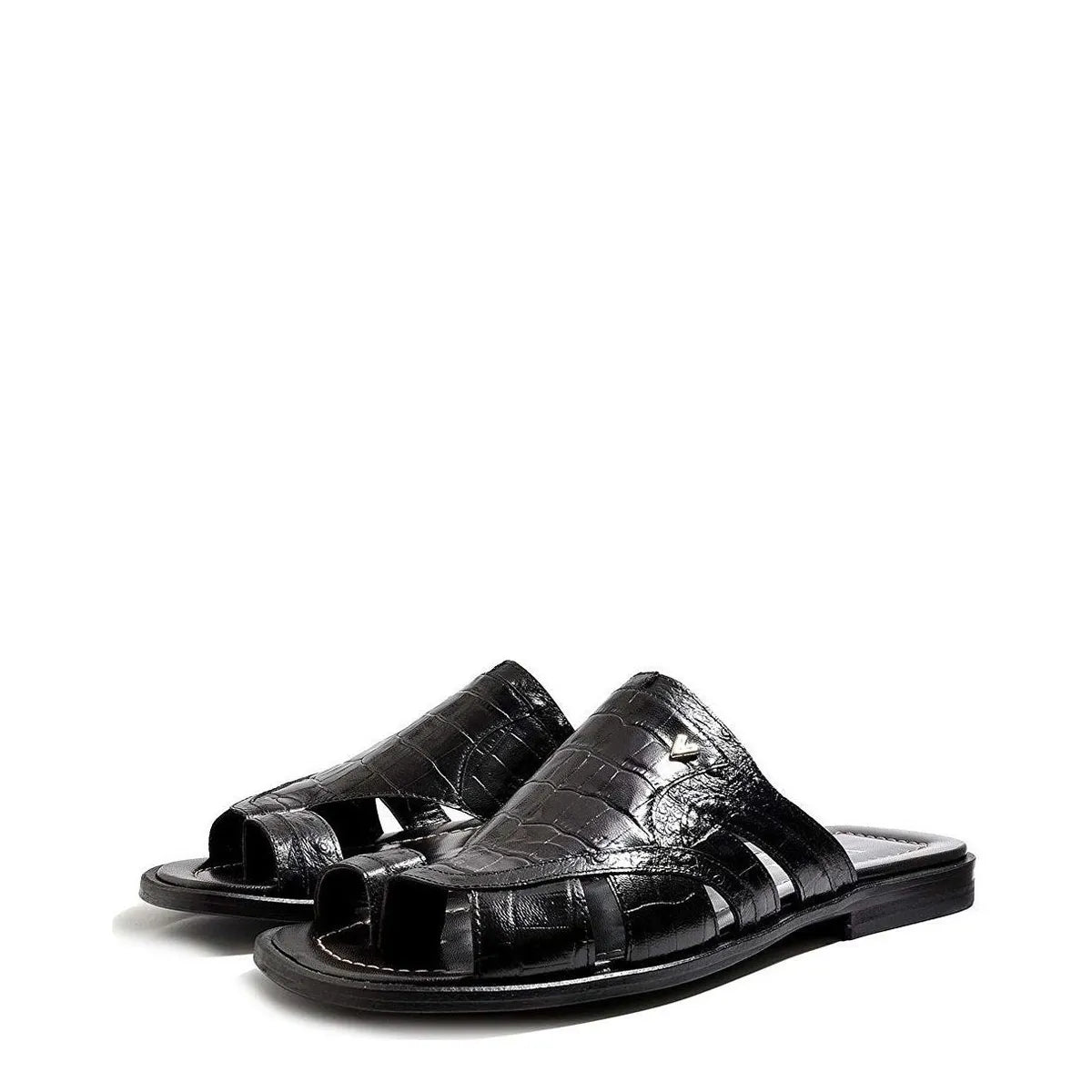 Men's VITELO Croc Print Toe Loop Leather Mules M 38 - Black