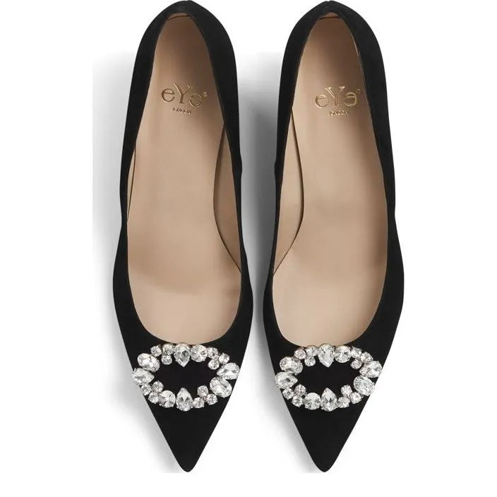 Women's Eye Crystal Trim Pointed Toe Leather Court Shoes G 132 - Black Suede