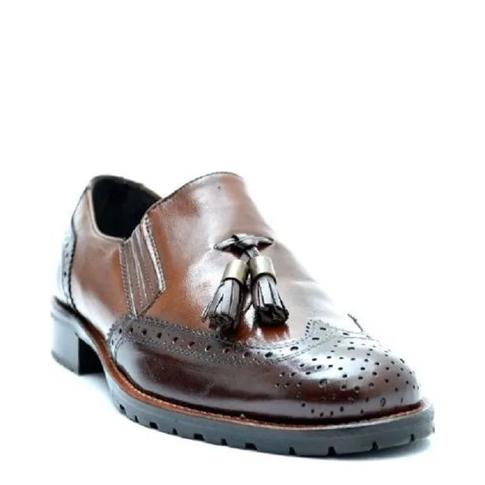Women's VITELO Brogue & Tassel Leather Loafer Shoes F 68 - Brown