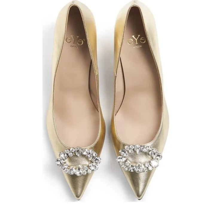 Women's Eye Crystal Trim Pointed Toe Leather Court Shoes G 132 - Gold