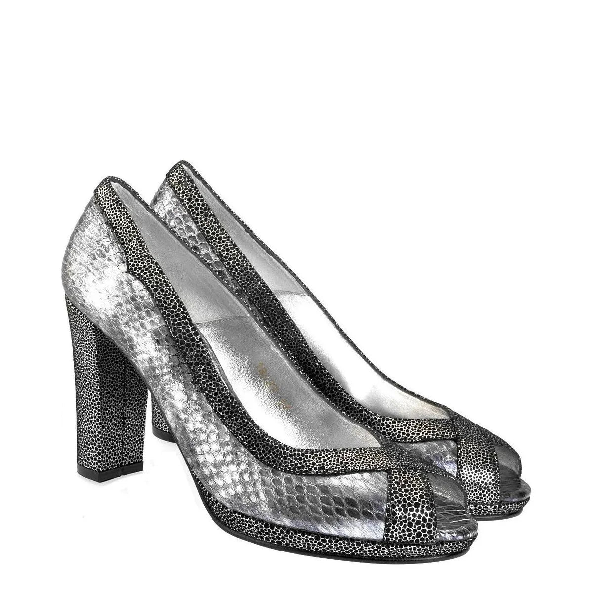 Women's EYE Peep Toe Snake Print Leather High Heel Shoes F 77 - Silver
