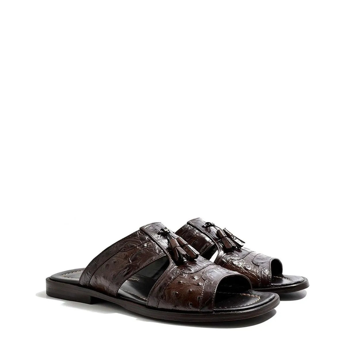 Men's VITELO Ostrich Print Toe Loop Leather Mule Sandals 214-3 - Brown