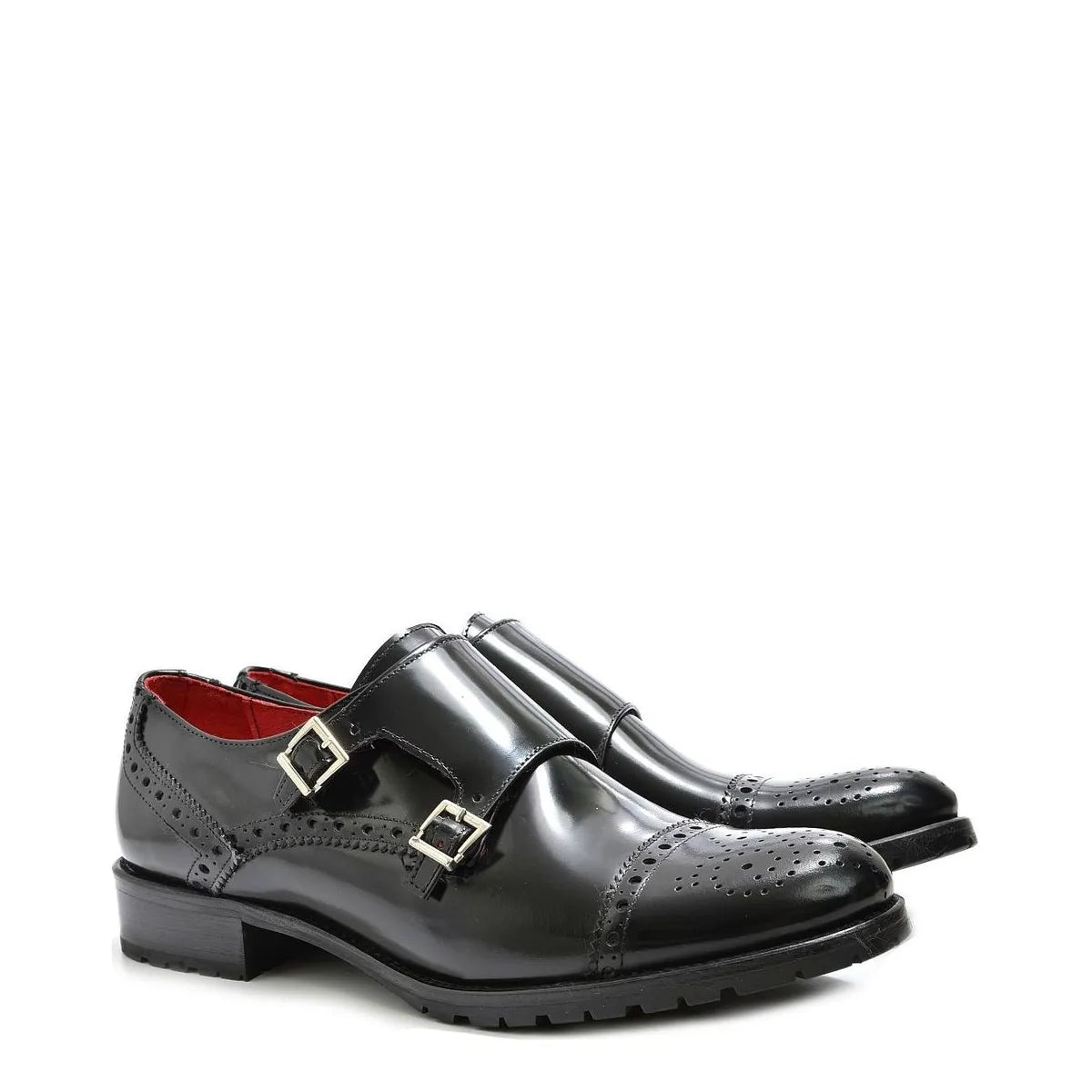 Women's VITELO Double Monk Semi-Brogue Leather Shoes F 116 - Black