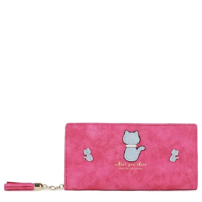 Women's Long & Son Cute Cat Long Credit Card and Purse Wallet with Tassel 12295-C - Rose Red