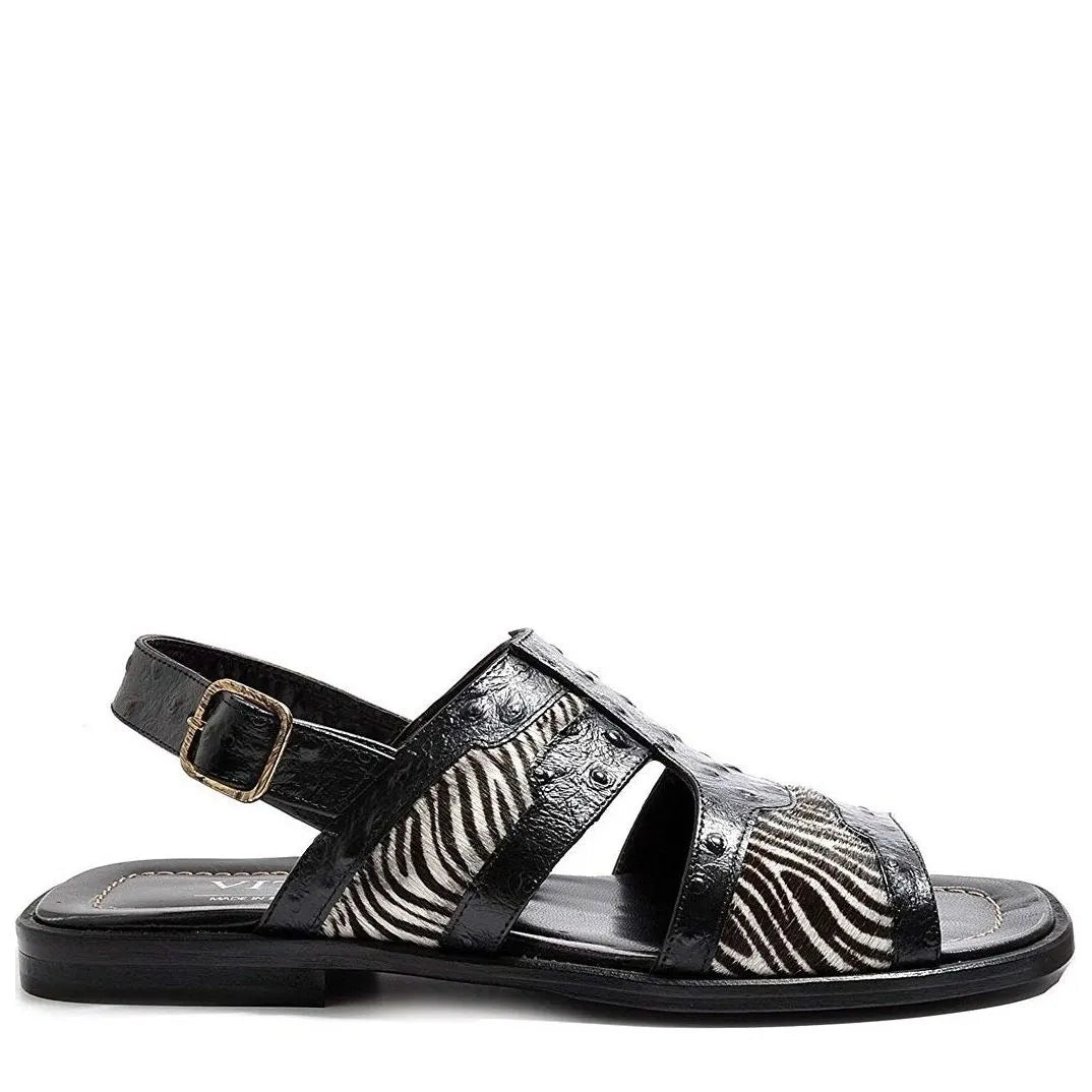 Men's VITELO Zebra & Ostrich Print Leather and Hair Calf Sandals TS 33 - Black