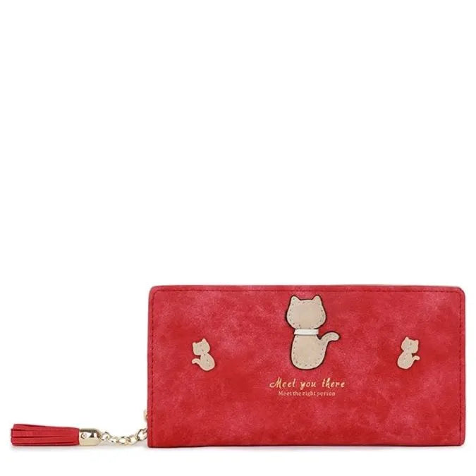Women's Long & Son Cute Cat Long Credit Card and Purse Wallet with Tassel 12295-C - Red