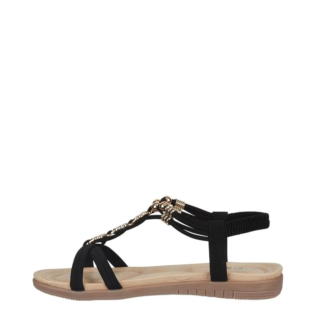 Women's JO & JOE Petula Wide Fitting Lightweight Sandals with Beaded Trim & Elasticated Back Strap - Black