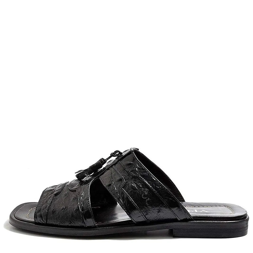 Men's VITELO Ostrich Print Toe Loop Leather Mule Sandals 214-3 - Black