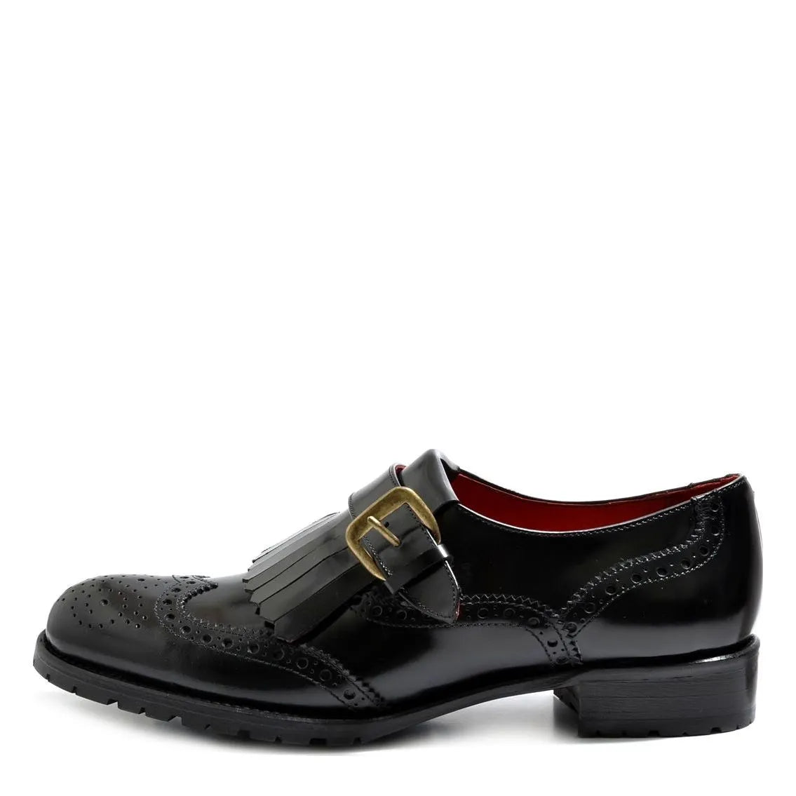 Women's VITELO Smart Monk Brogue and Fringe Polished Leather Shoes F 63 - Black