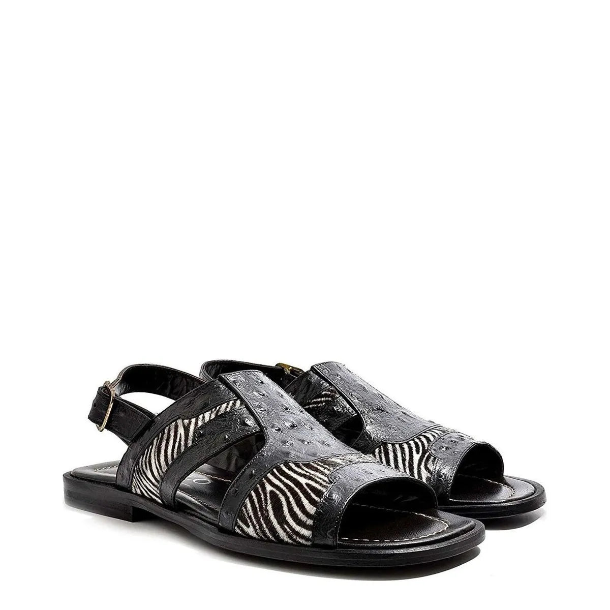 Men's VITELO Zebra & Ostrich Print Leather and Hair Calf Sandals TS 33 - Black