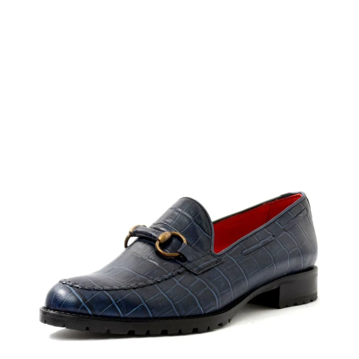 Women's VITELO Croc Print Leather Loafers with Horse Bit Trim Shoes L 3 - Navy Croc