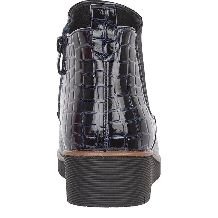 Women's Jo & Joe Walnut Twin Gusset Croc Wedge Heel Ankle Boots - Navy