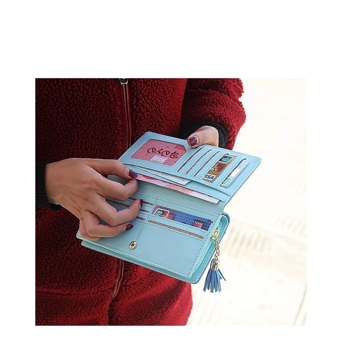 Women's Long & Son Cute Cat Long Credit Card and Purse Wallet with Tassel 12295-C - Rose Red