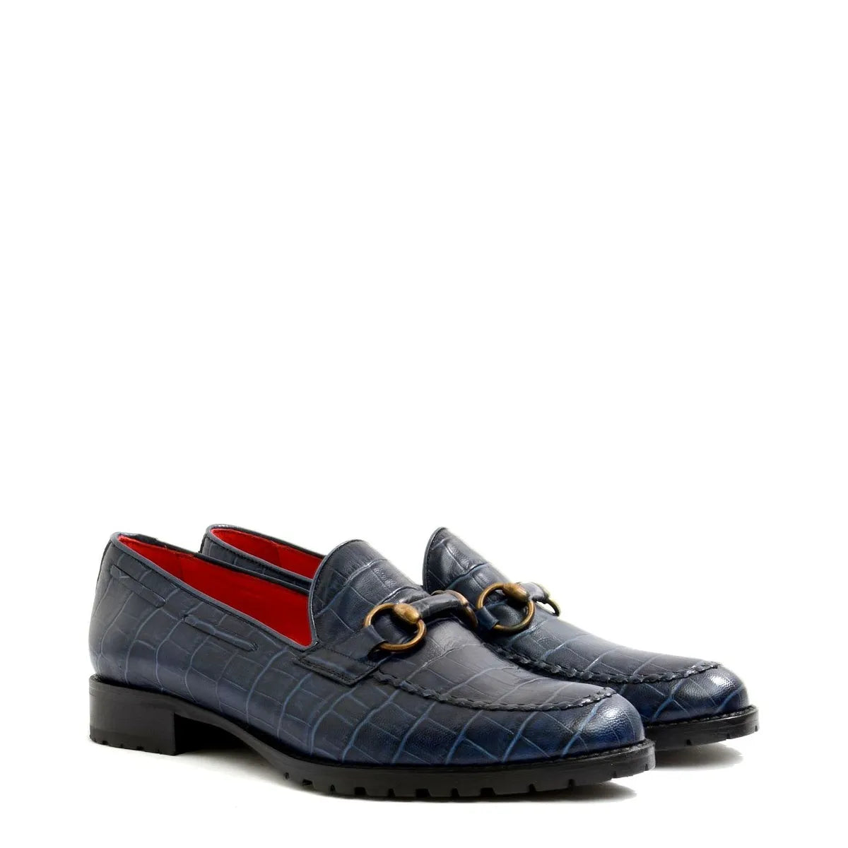 Women's VITELO Croc Print Leather Loafers with Horse Bit Trim Shoes L 3 - Navy Croc